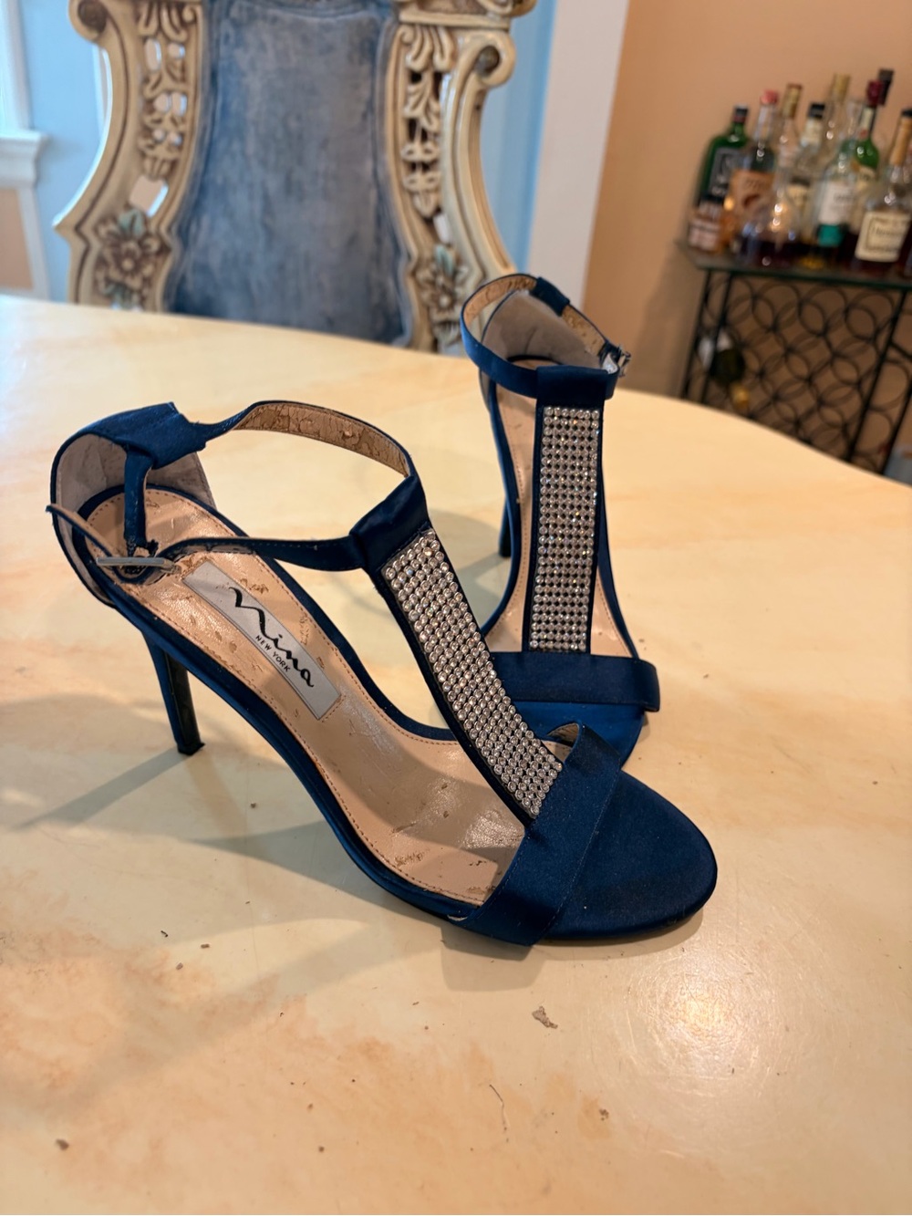 Nina Royal Blue T-Strap Crystal Evening Heels